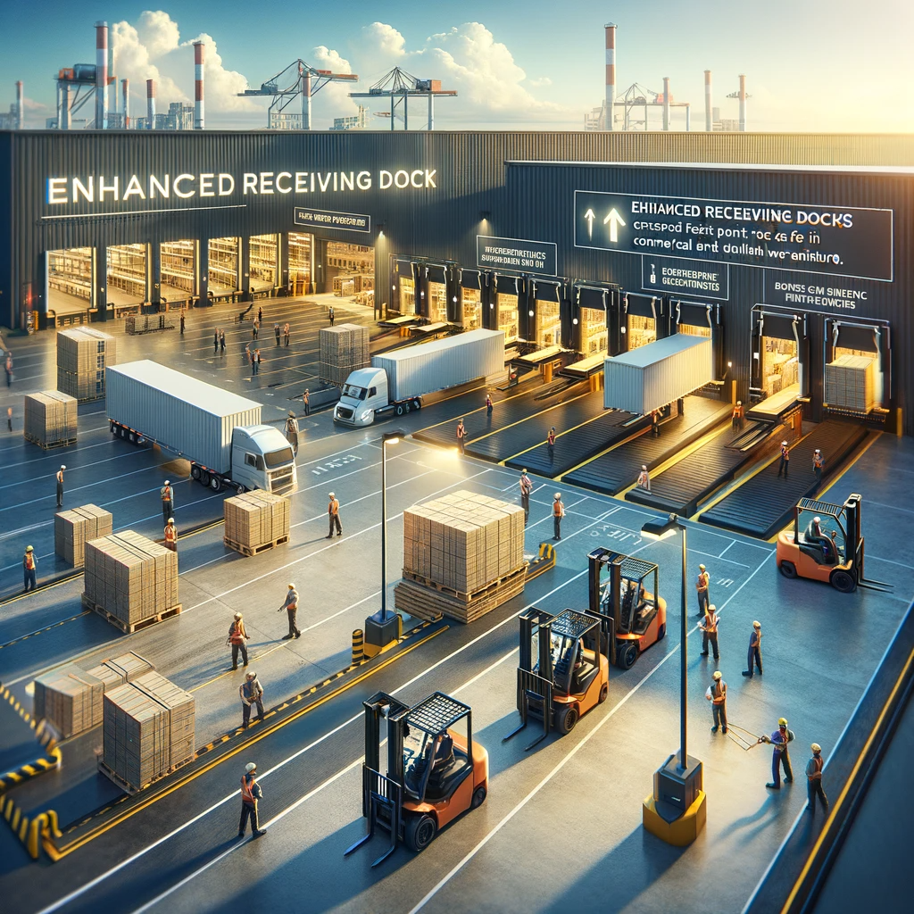 Image depicting advanced receiving and dock facilities in a commercial furniture warehouse. The scene shows a state-of-the-art receiving dock equipped with features like an advanced dock leveling system and wider loading bays. Workers in safety gear are efficiently handling bulky furniture items, utilizing forklifts and other equipment that emphasize safety and efficiency. The dock area is marked with clear safety protocol signage, emphasizing the upgraded facilities' role in ensuring the smooth and secure handling of commercial furniture upon arrival.