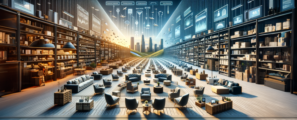 Panoramic image depicting the evolution of the furniture industry with advanced inventory management technologies. The foreground shows a contemporary office setting, seamlessly blending traditional and modern furniture, equipped with subtle technology like barcode scanners, RFID tags, and IoT sensors. The middle part transitions into a high-tech warehouse, displaying orderly arranged furniture with discreet technological enhancements. In the background, digital interfaces and screens illustrate data analytics, symbolizing the fusion of technology and furniture management. This scene represents the industry's adaptability and growth, particularly in Southern California's commercial storage sector, capturing the shift from 2022 challenges to the innovative trends of 2023 and 2024