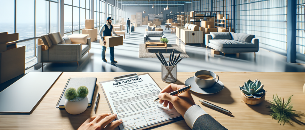 View of a spacious, well-lit warehouse with workers efficiently handling furniture deliveries and organization, foreground showing a desk with a 'New Customer' registration form, office supplies, and a cup of coffee, illustrating the professional and organized operations at Diego Delivery