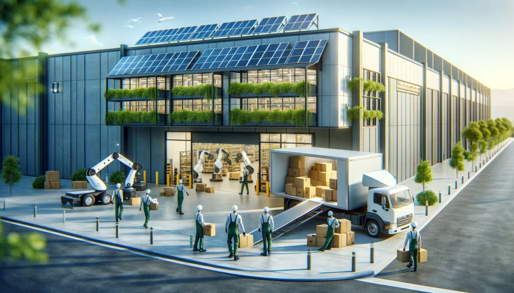 A vibrant warehousing scene in Southern California, with a truck parked at a modern, sustainable warehouse, symbolizing new arrivals. Workers and movers collaborate around the delivery, showcasing efficiency and teamwork. The facility features solar panels and green elements, hinting at advanced automation inside. A bright day highlights the optimistic, green future of warehousing.